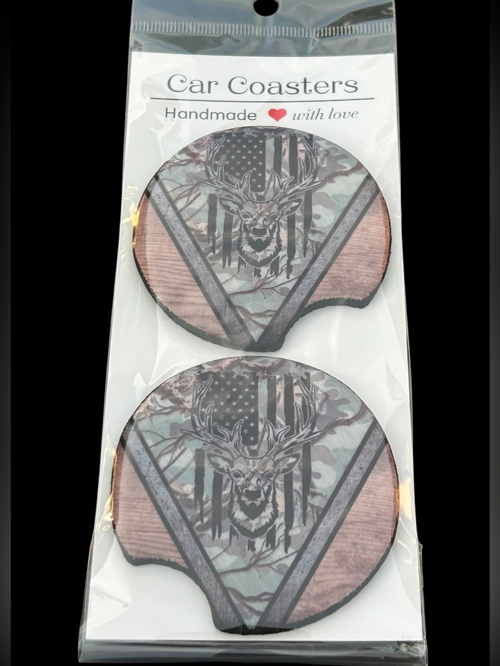 Handmade Deer Flag Car Coasters in Olive Green and Brown